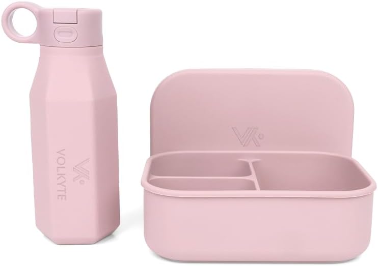 Set Botella de Silicona Infantil con Fiambrera Bento Sin BPA Antifugas Reutilizable Apta Lavavajillas y Microondas 2 Colores