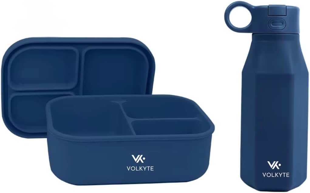 Set de Botella de Silicona Infantil y Fiambrera Bento Sin BPA Antifugas Reutilizable Apta Lavavajillas y Microondas 2 Colores