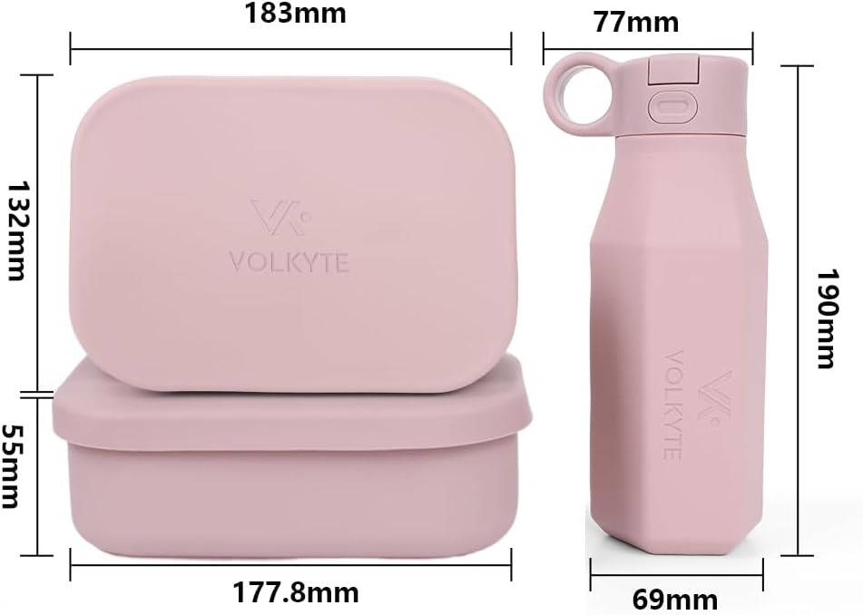 Set Botella de Silicona Infantil con Fiambrera Bento Sin BPA Antifugas Reutilizable Apta Lavavajillas y Microondas 2 Colores