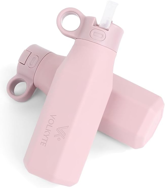 Botella de Agua de Silicona para Niños 350 ml Antifugas con Pajita Ocultable y Botón de Apertura Silicona Alimentaria sin BPA Apta Lavavajillas Uso Escolar y Deportivo – +36 Meses Color Malva pálido