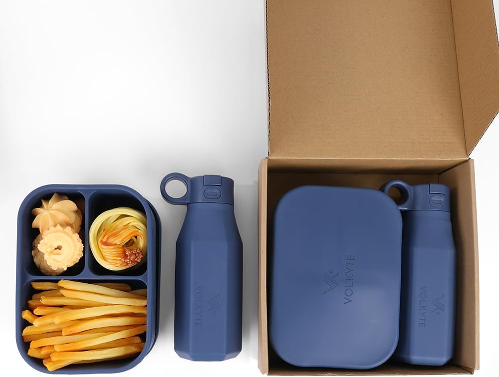 Set de Botella de Silicona Infantil y Fiambrera Bento Sin BPA Antifugas Reutilizable Apta Lavavajillas y Microondas 2 Colores