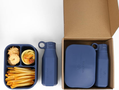 Set de Botella de Silicona Infantil y Fiambrera Bento Sin BPA Antifugas Reutilizable Apta Lavavajillas y Microondas 2 Colores