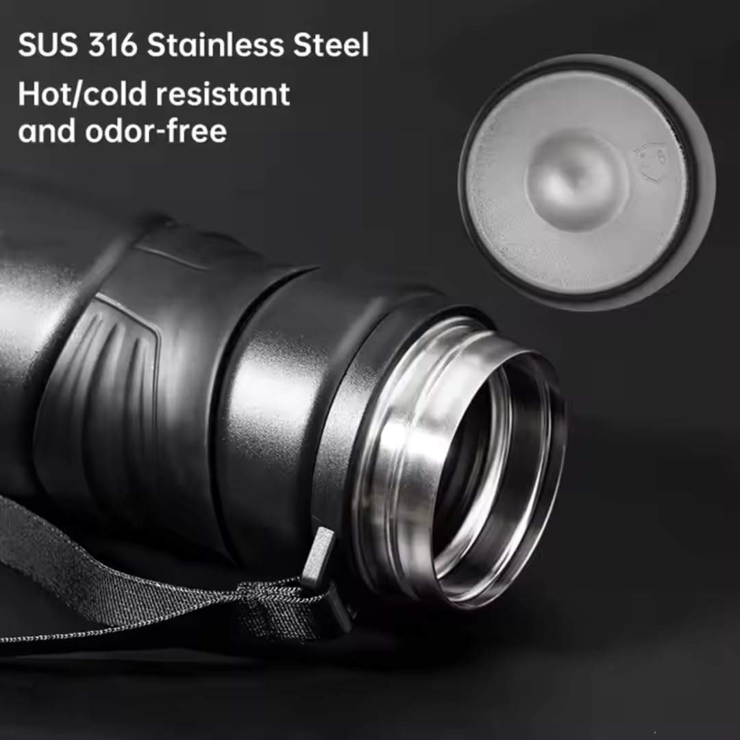 Botella Térmica Acero Inoxidable 316 de 600 ml Doble Pared, Antifugas, Mantiene Caliente 12h / Frío 24h Con Cierre de Seguridad y Correa (Negro)