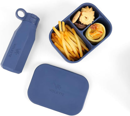 Set de Botella de Silicona Infantil y Fiambrera Bento Sin BPA Antifugas Reutilizable Apta Lavavajillas y Microondas 2 Colores