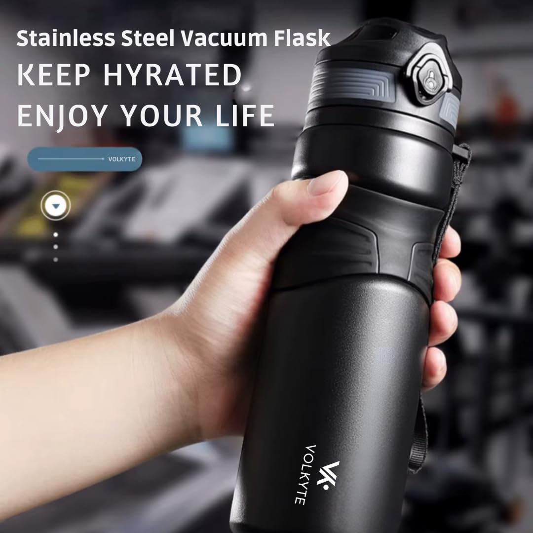 Botella Térmica Acero Inoxidable 316 de 600 ml Doble Pared, Antifugas, Mantiene Caliente 12h / Frío 24h Con Cierre de Seguridad y Correa (Negro)