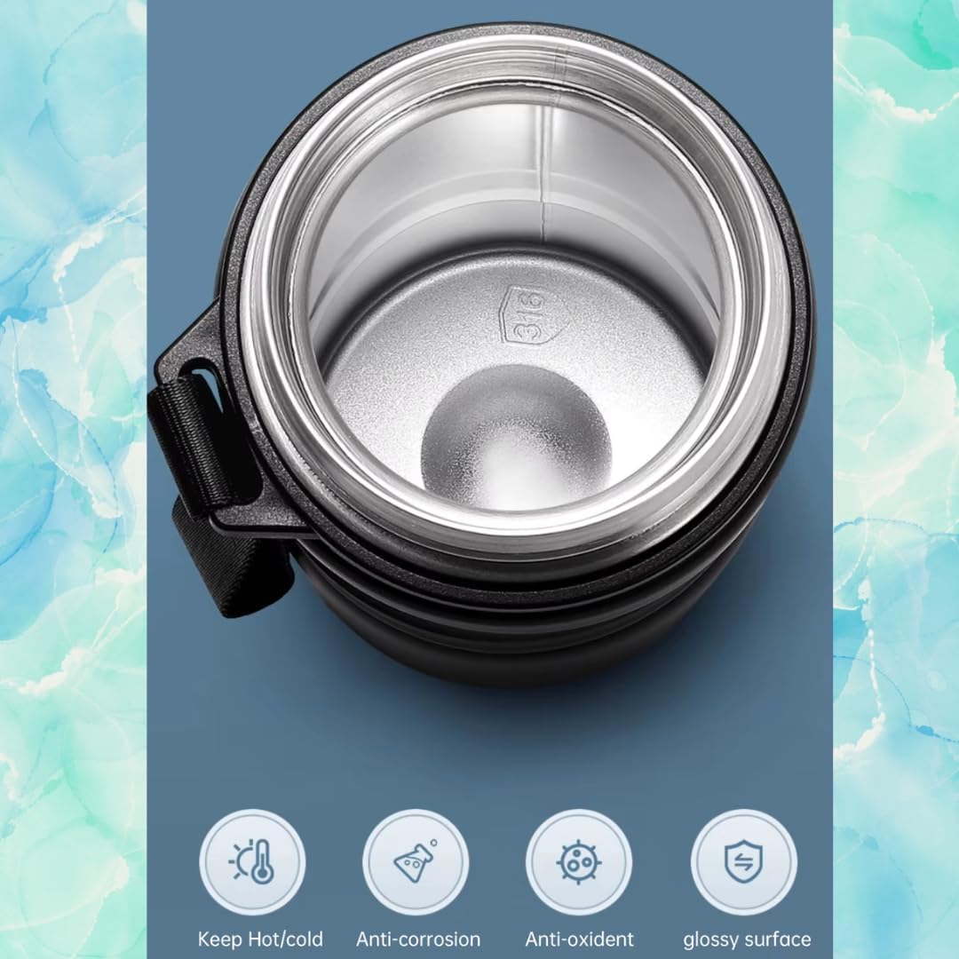 Botella Térmica Acero Inoxidable 316 de 600 ml Doble Pared, Antifugas, Mantiene Caliente 12h / Frío 24h Con Cierre de Seguridad y Correa (Negro)