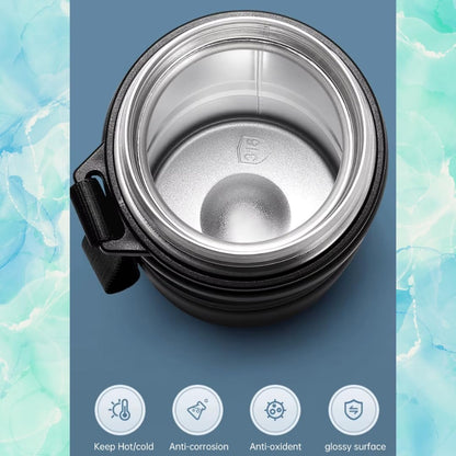 Botella Térmica Acero Inoxidable 316 de 600 ml Doble Pared, Antifugas, Mantiene Caliente 12h / Frío 24h Con Cierre de Seguridad y Correa (Negro)