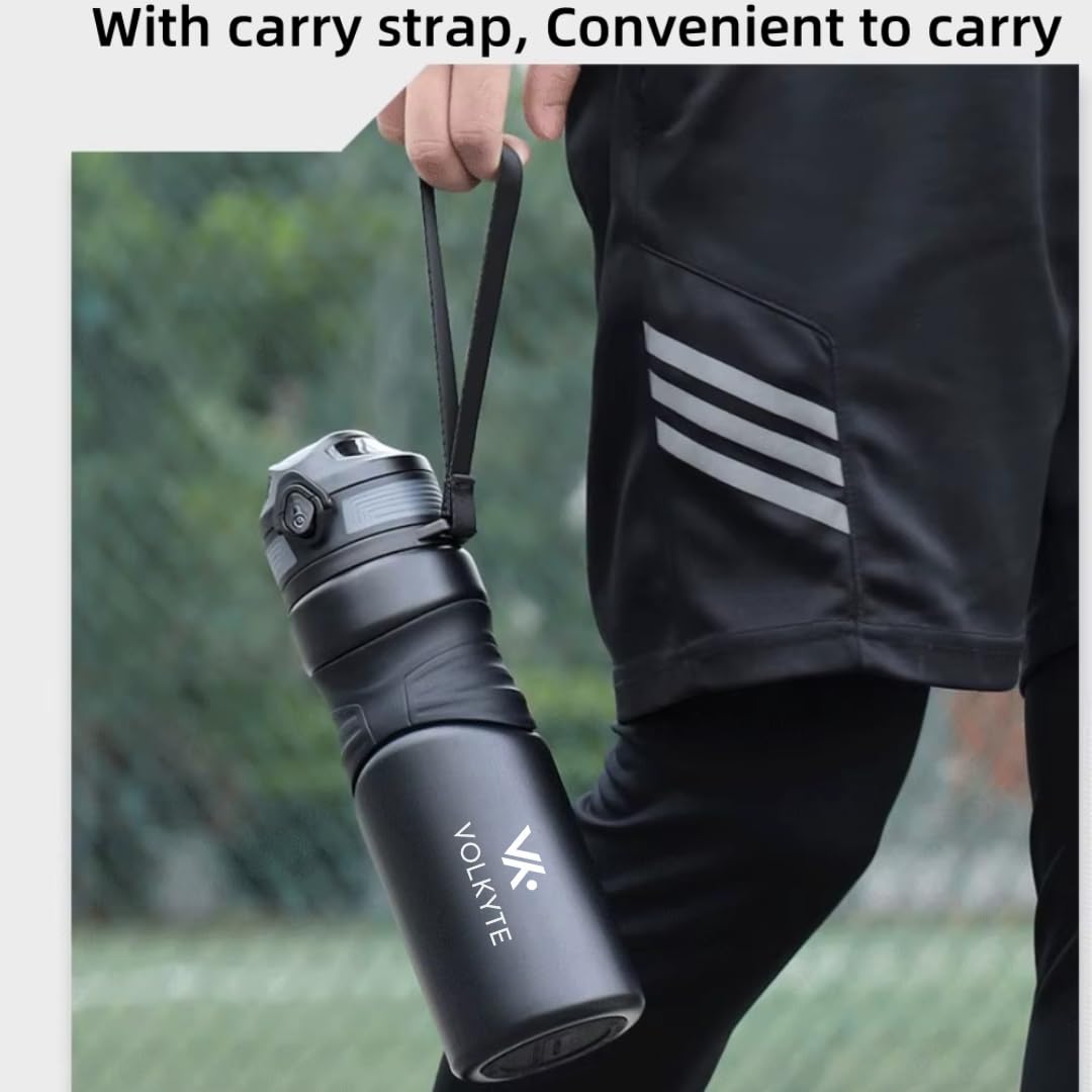 Botella Térmica Acero Inoxidable 316 de 600 ml Doble Pared, Antifugas, Mantiene Caliente 12h / Frío 24h Con Cierre de Seguridad y Correa (Negro)