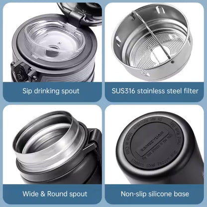 Botella Térmica Acero Inoxidable 316 de 600 ml Doble Pared, Antifugas, Mantiene Caliente 12h / Frío 24h Con Cierre de Seguridad y Correa (Negro)