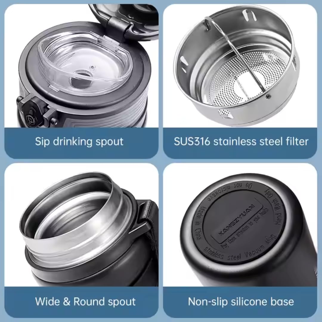 Botella Térmica Acero Inoxidable 316 de 600 ml Doble Pared, Antifugas, Mantiene Caliente 12h / Frío 24h Con Cierre de Seguridad y Correa (Negro)