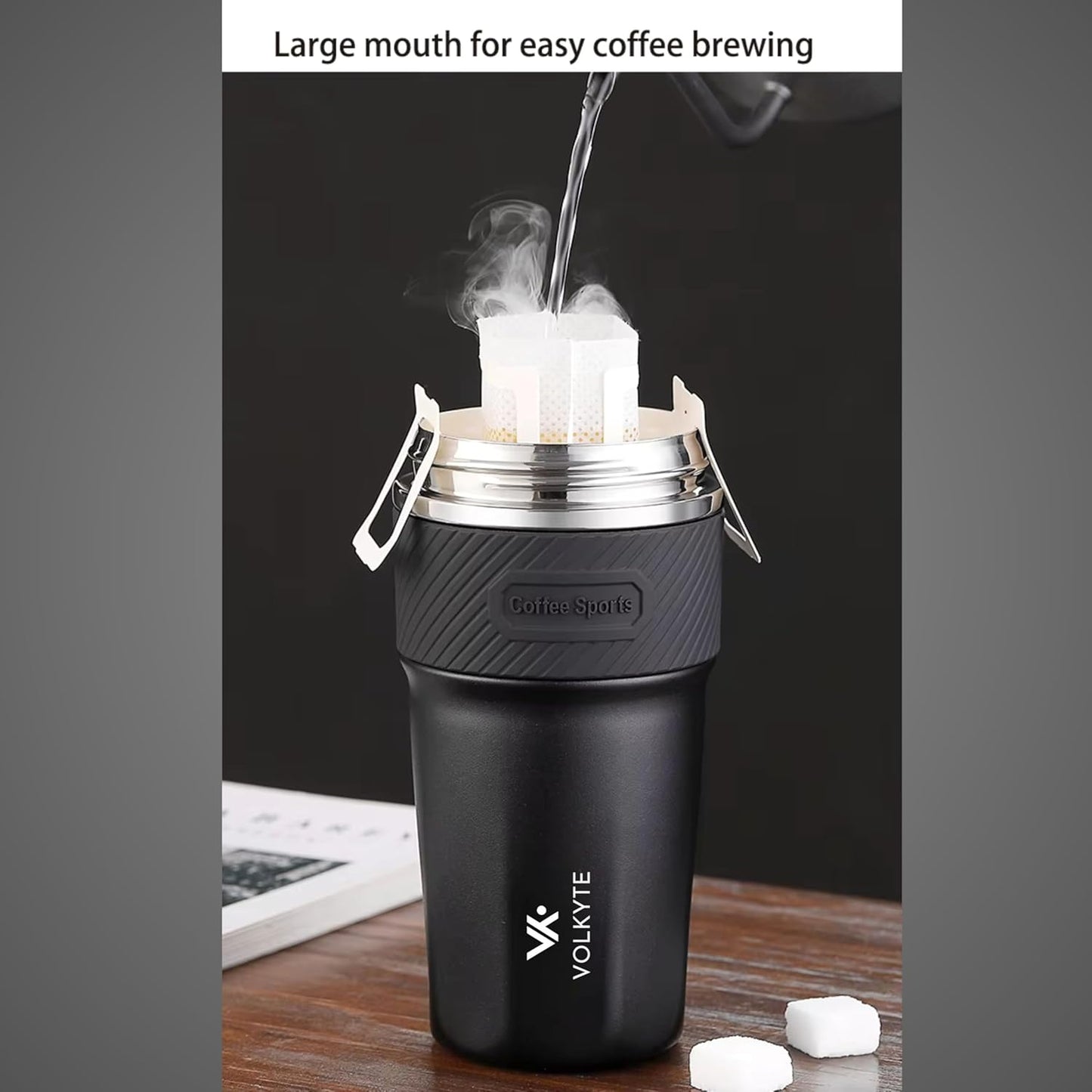 Thermal Tumbler 316 Stainless Steel with Ceramic Coating Interior 500ml Keeps Hot Drinks 12h Cold 24h No Leaks with Lid, Straw and Strap Premium Style (Black)