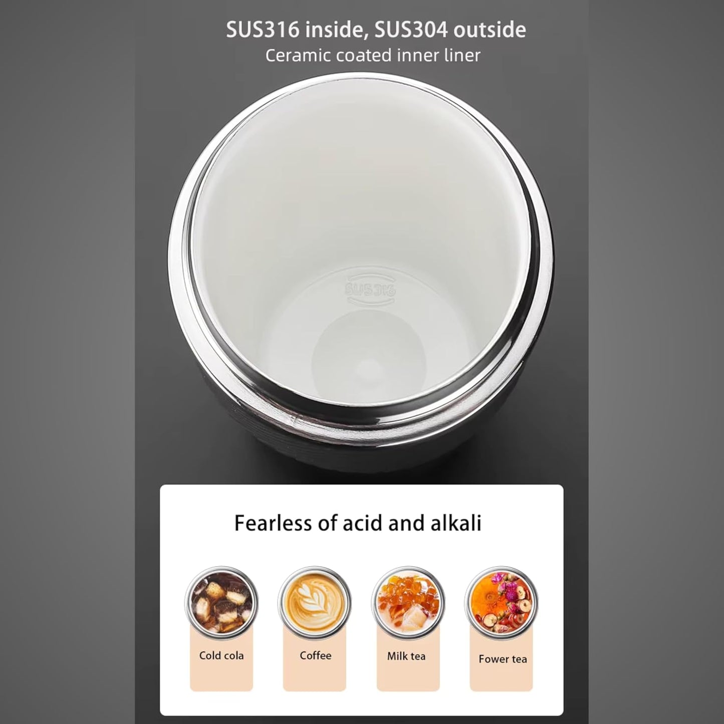 Thermal Tumbler 316 Stainless Steel with Ceramic Coating Interior 500ml Keeps Hot Drinks 12h Cold 24h No Leaks with Lid, Straw and Strap Premium Style (Black)