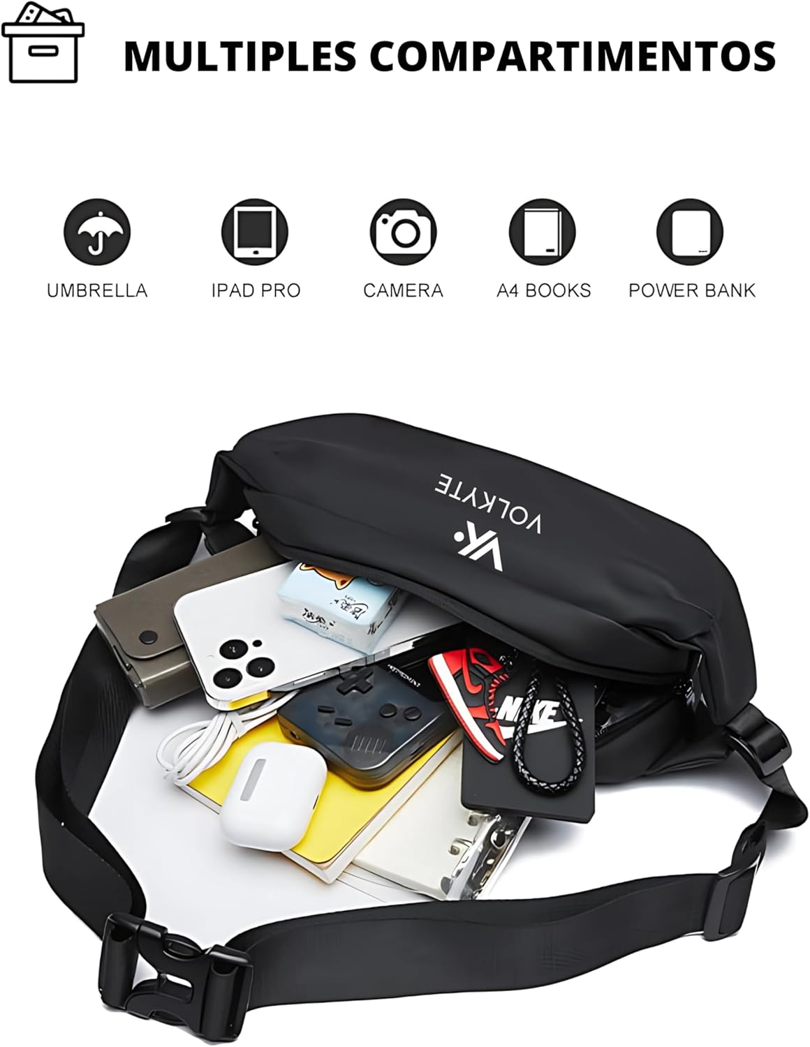 VOLKYTE Bolso de Pecho 2L Ligero e Impermeable Bandolera Unisex con Múltiples Bolsillos para Viaje Moto Ciclismo y Uso Diario Sling Bag Negro (NEGRO) (NEGRO)