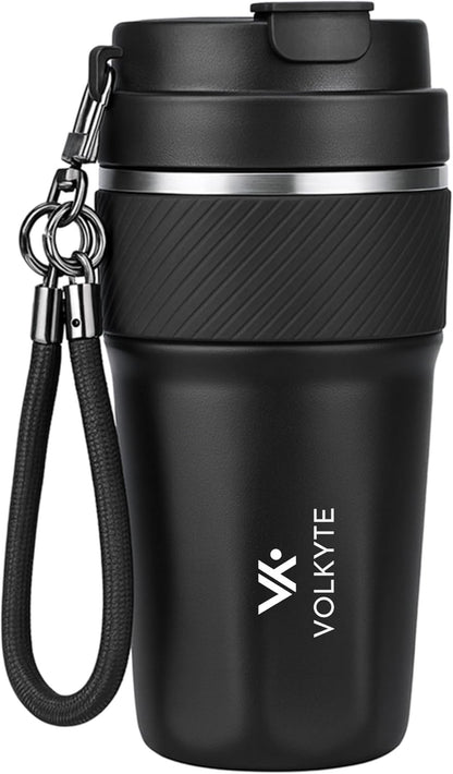 Thermal Tumbler 316 Stainless Steel with Ceramic Coating Interior 500ml Keeps Hot Drinks 12h Cold 24h No Leaks with Lid, Straw and Strap Premium Style (Black)