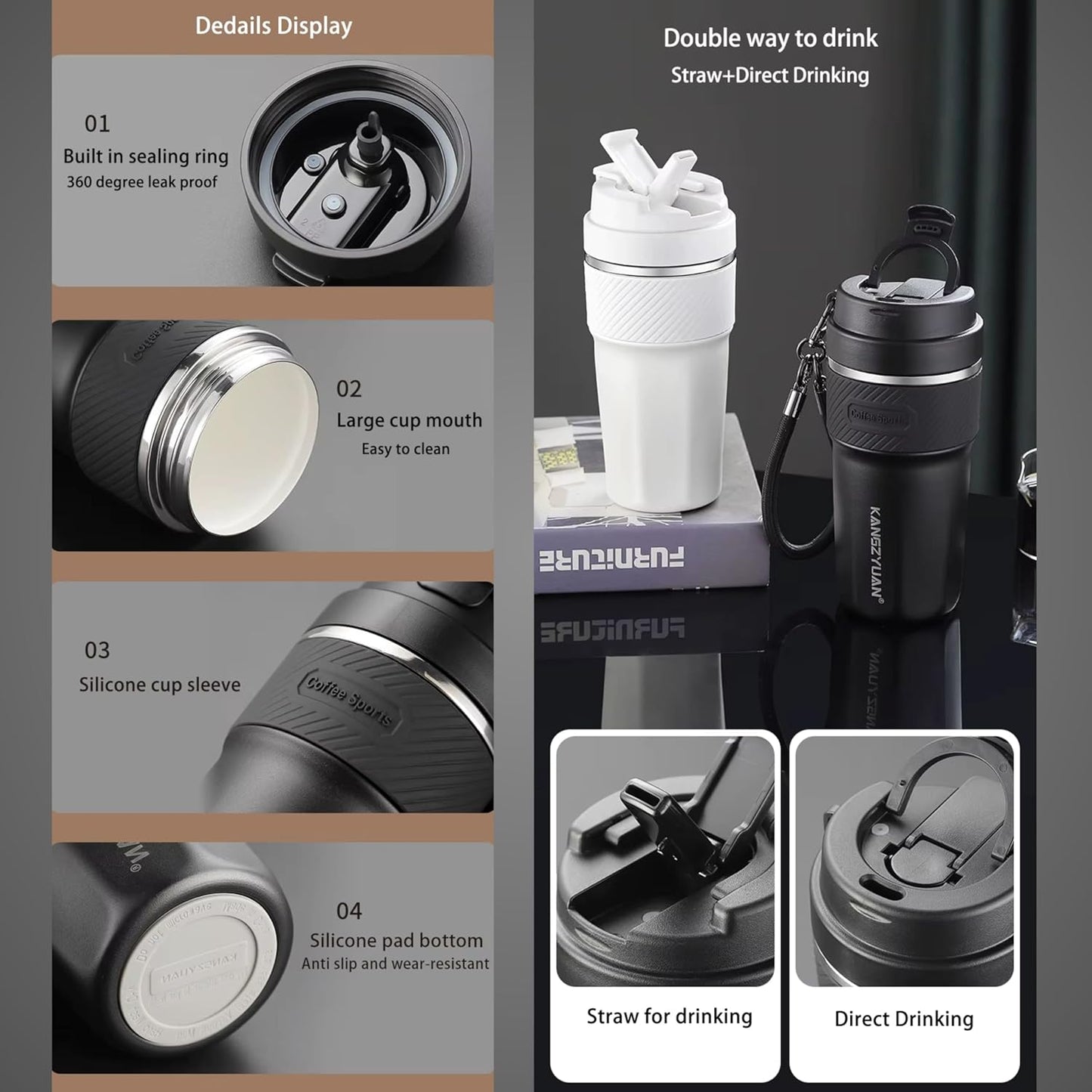 Thermal Tumbler 316 Stainless Steel with Ceramic Coating Interior 500ml Keeps Hot Drinks 12h Cold 24h No Leaks with Lid, Straw and Strap Premium Style (Black)