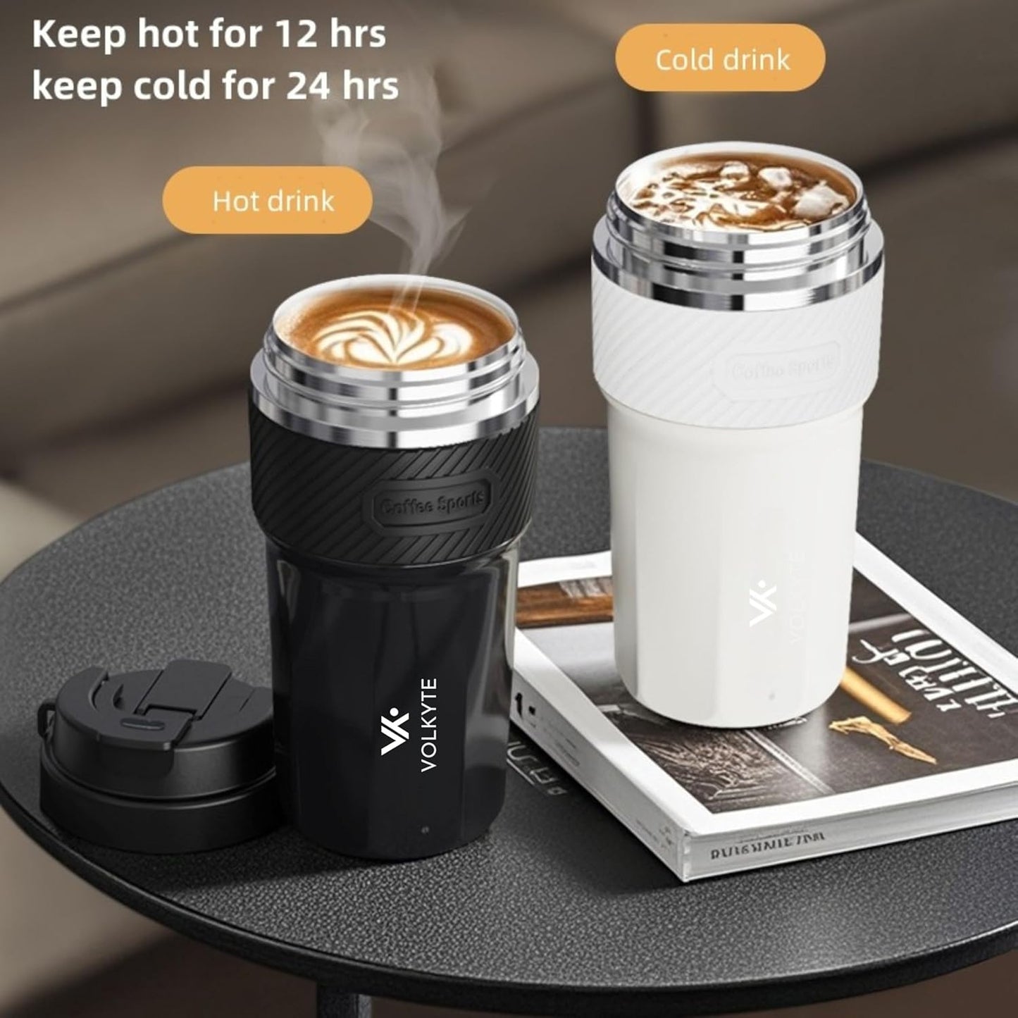 Thermal Tumbler 316 Stainless Steel with Ceramic Coating Interior 500ml Keeps Hot Drinks 12h Cold 24h No Leaks with Lid, Straw and Strap Premium Style (Black)