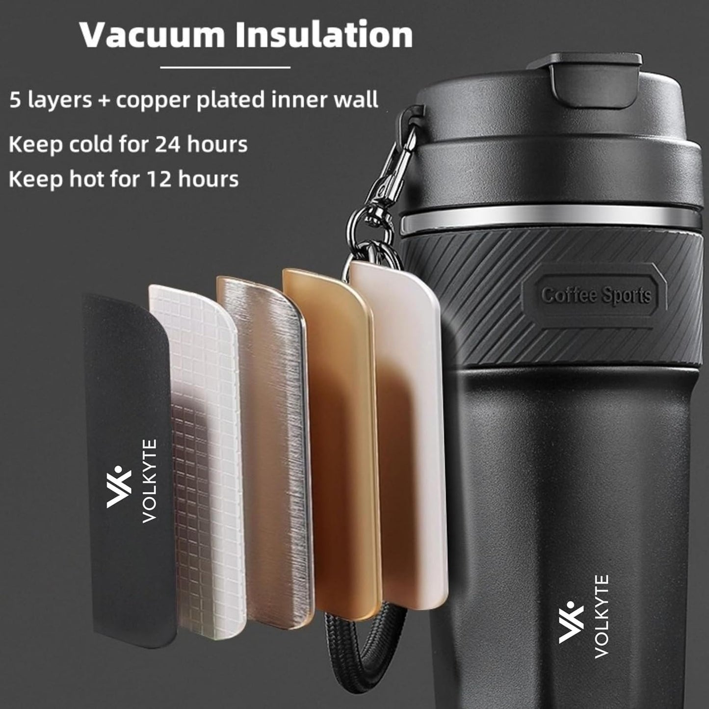Thermal Tumbler 316 Stainless Steel with Ceramic Coating Interior 500ml Keeps Hot Drinks 12h Cold 24h No Leaks with Lid, Straw and Strap Premium Style (Black)