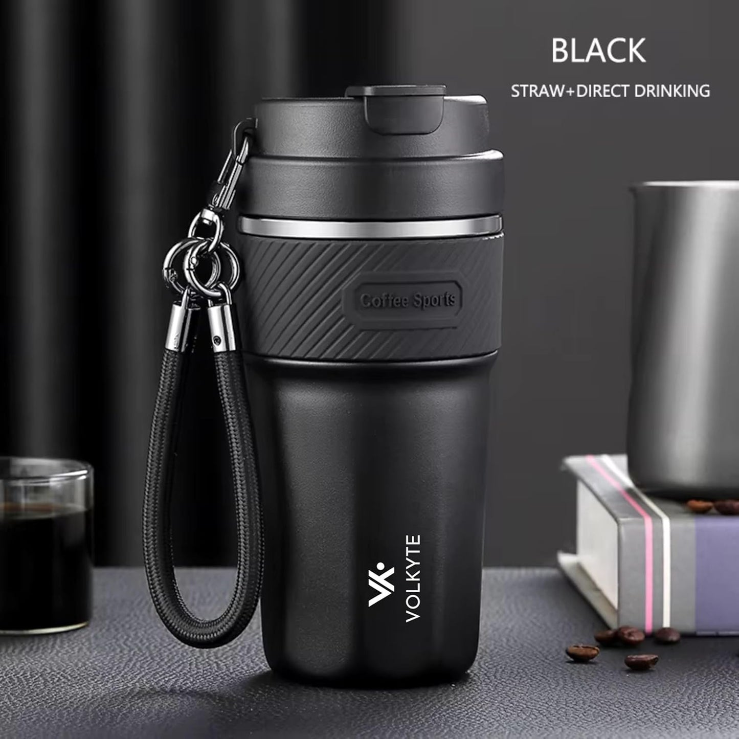 Thermal Tumbler 316 Stainless Steel with Ceramic Coating Interior 500ml Keeps Hot Drinks 12h Cold 24h No Leaks with Lid, Straw and Strap Premium Style (Black)